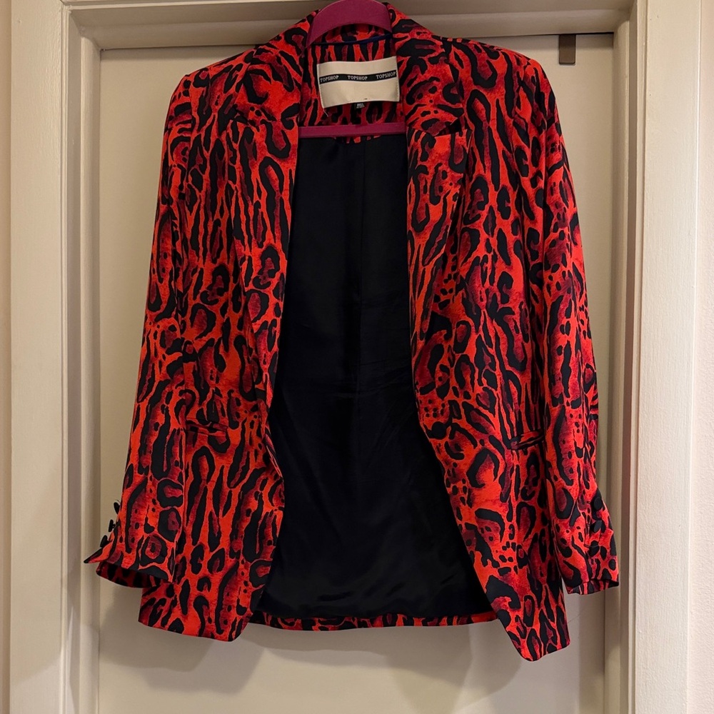 Topshop Red and Black Leopard-Print Blazer